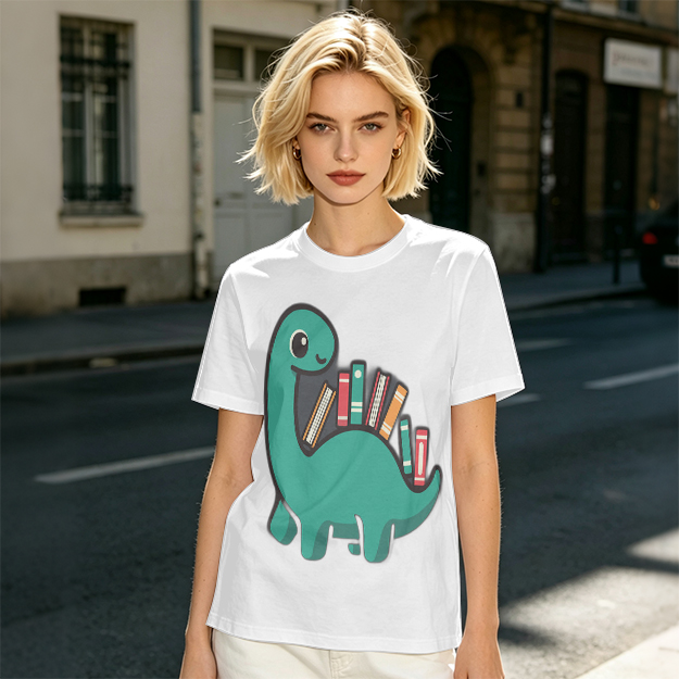 Olive T-shirt with cute dinosaur carrying books graphic