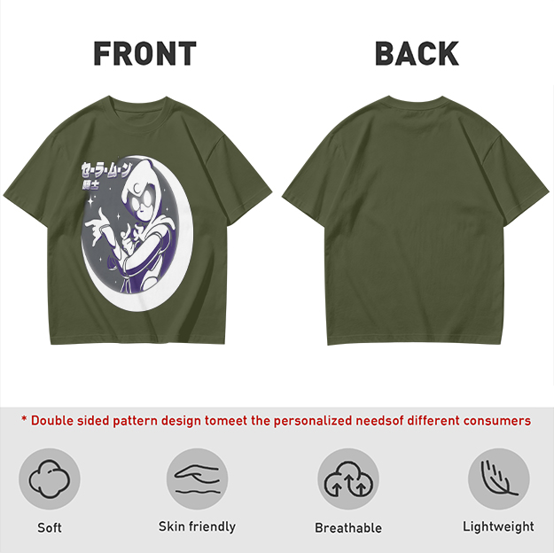 Olive T-shirt with Moon Warrior Anime Graphic Print