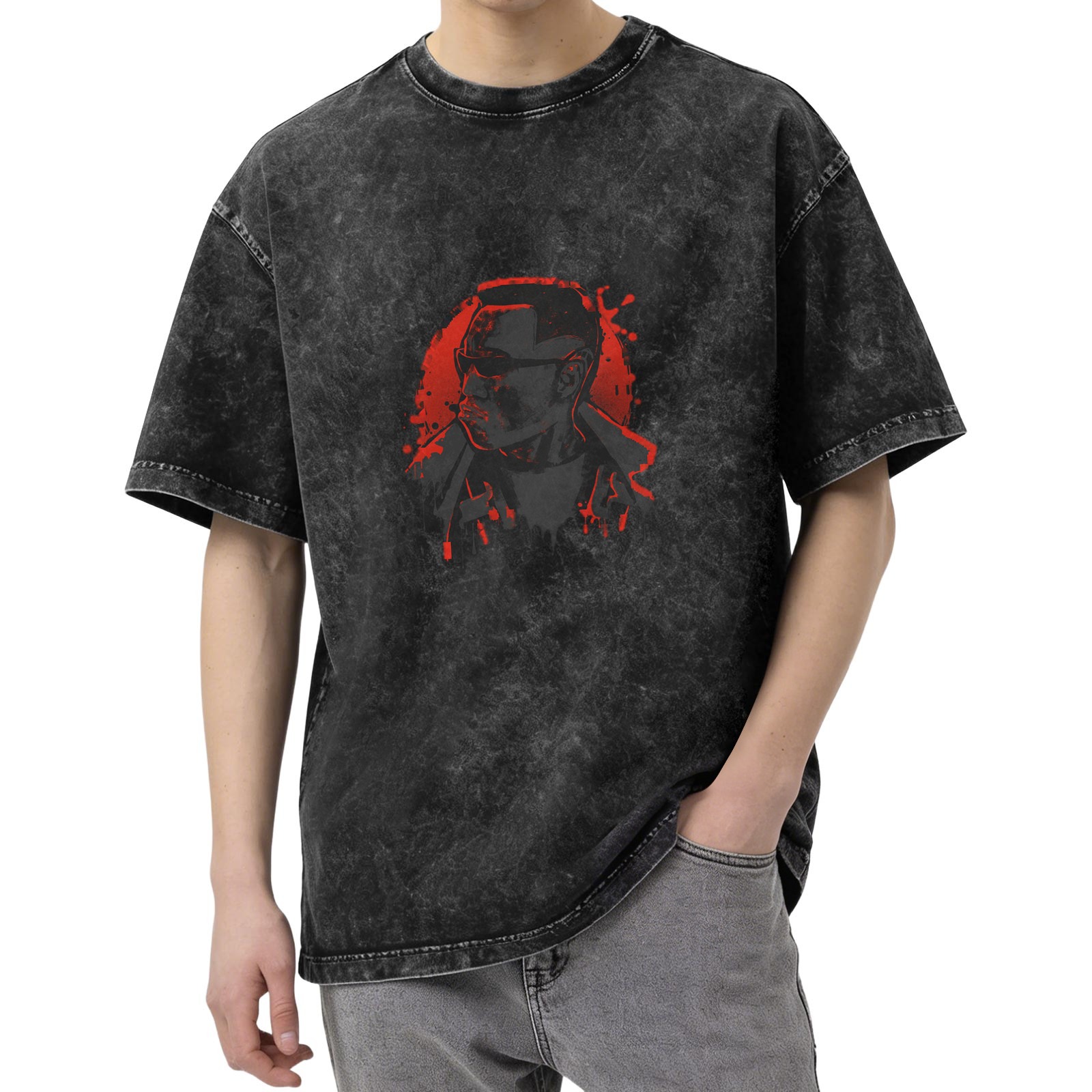 Washed Black T-Shirt with Red Vampire Hunter Graphic