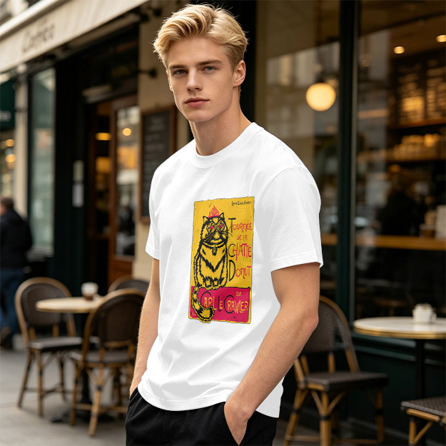 Olive T-shirt with a whimsical cat graphic print