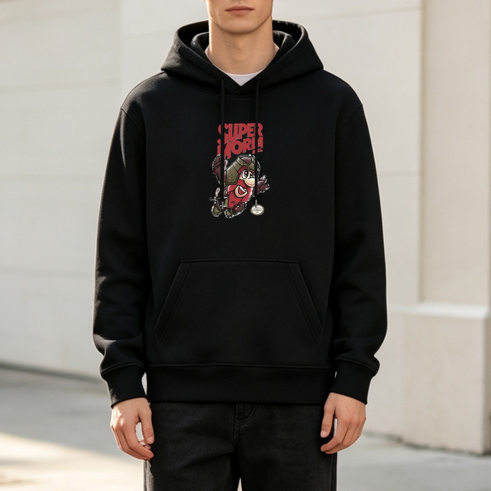 Black hoodie with retro Super Mario pilot graphic print