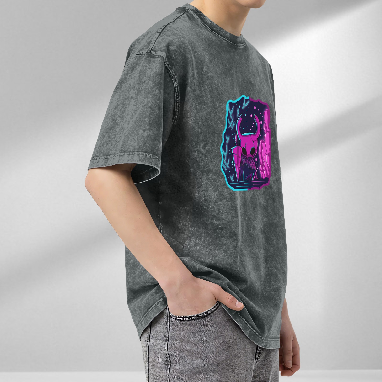 Hollow Knight neon style print distressed washed black loose short-sleeved T-shirt