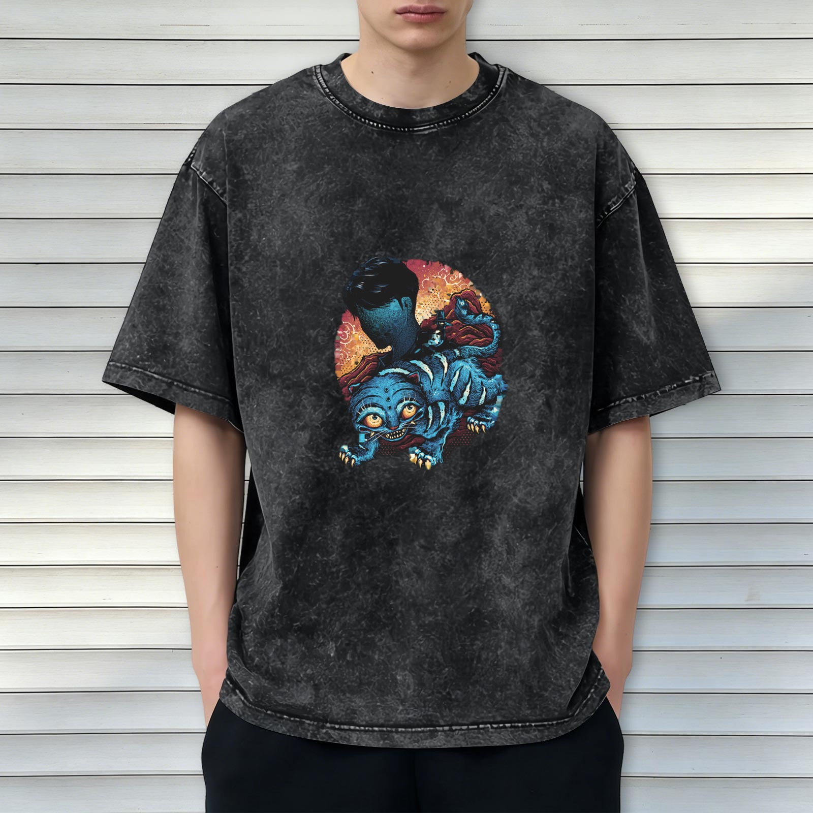 Distressed washed black loose short-sleeved T-shirt Creative blue cat monster print top