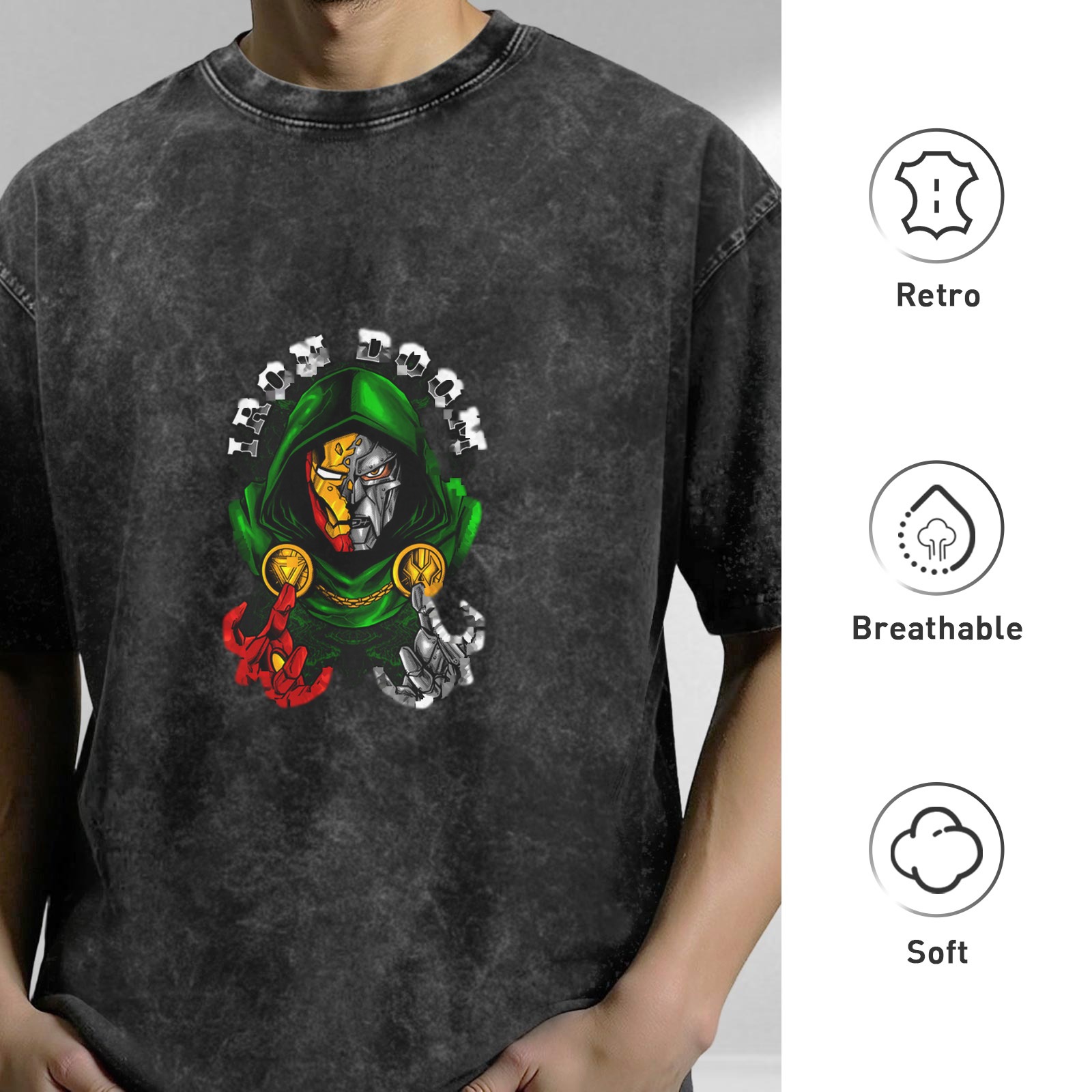 Iron Doom Graphic Acid Wash Black Oversized T-Shirt