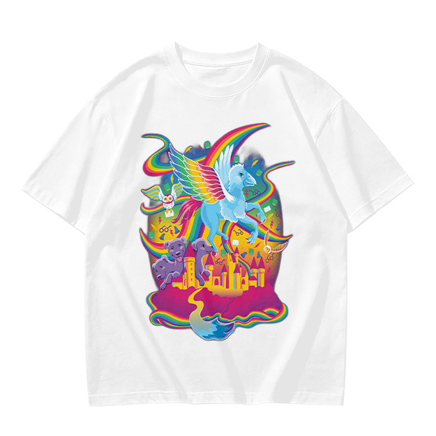 Olive T-Shirt With Whimsical Rainbow Fantasy Creature Castle Art