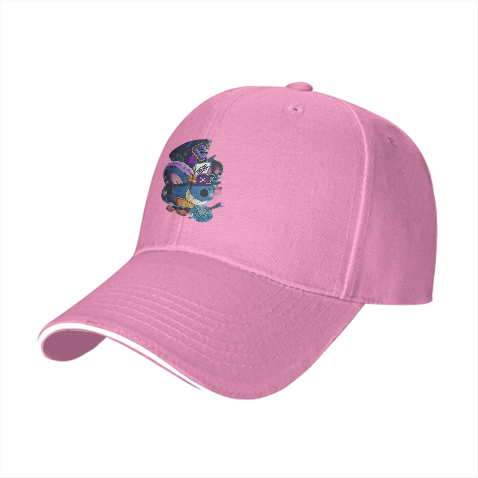 Black baseball cap with whimsical blue creature graphic