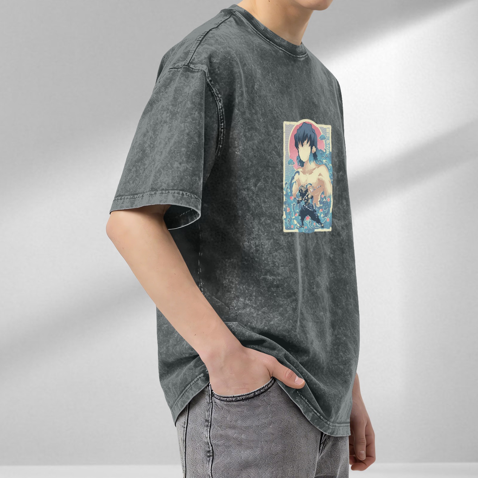 Oversized Acid Wash T-Shirt with Demon Slayer Inosuke Anime Graphic