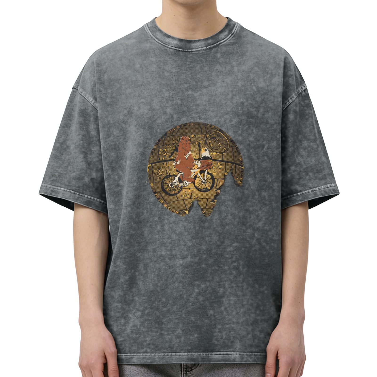 Washed black graphic t-shirt with alien on bike over gold globe design
