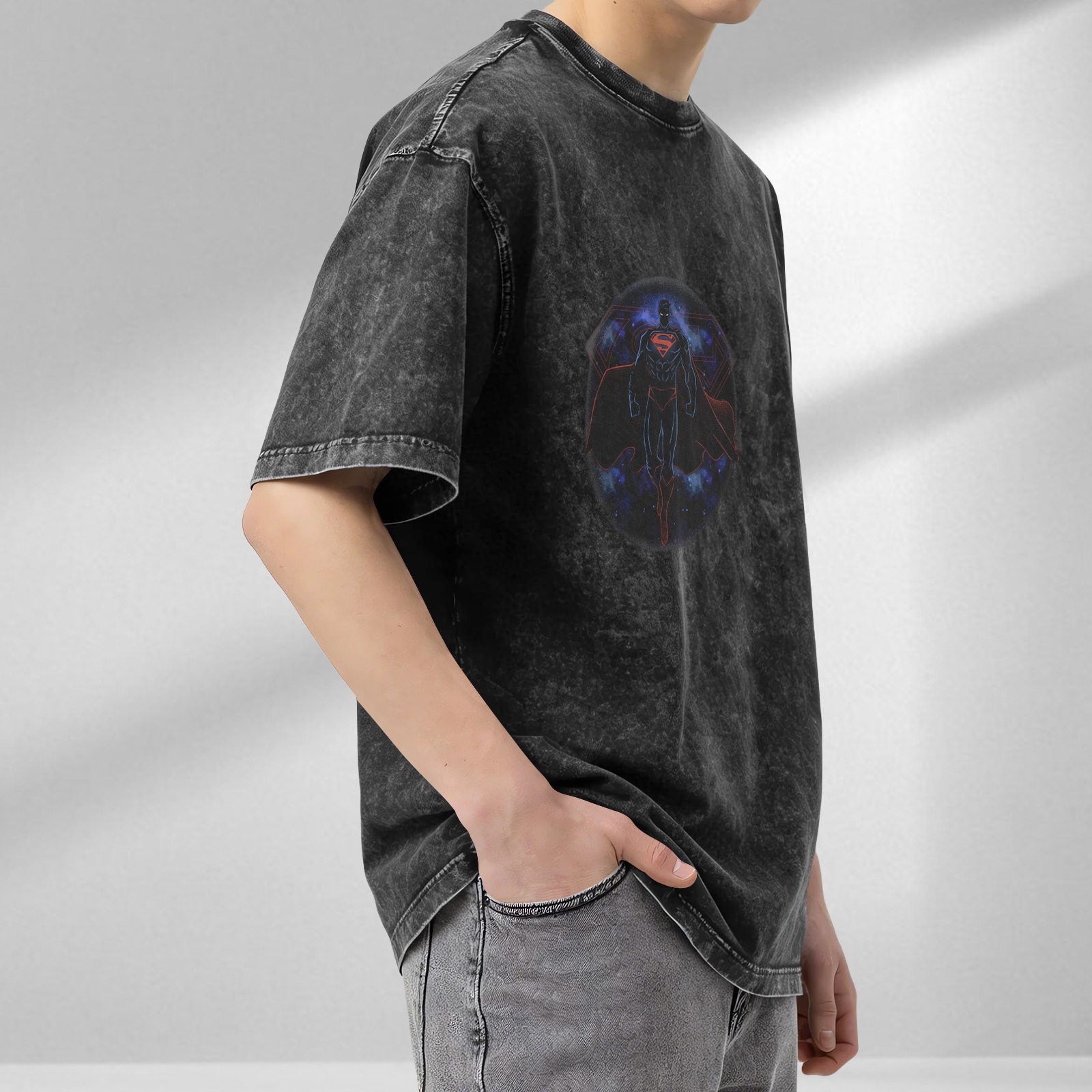 Washed Black Superman Graphic Short Sleeve T-Shirt