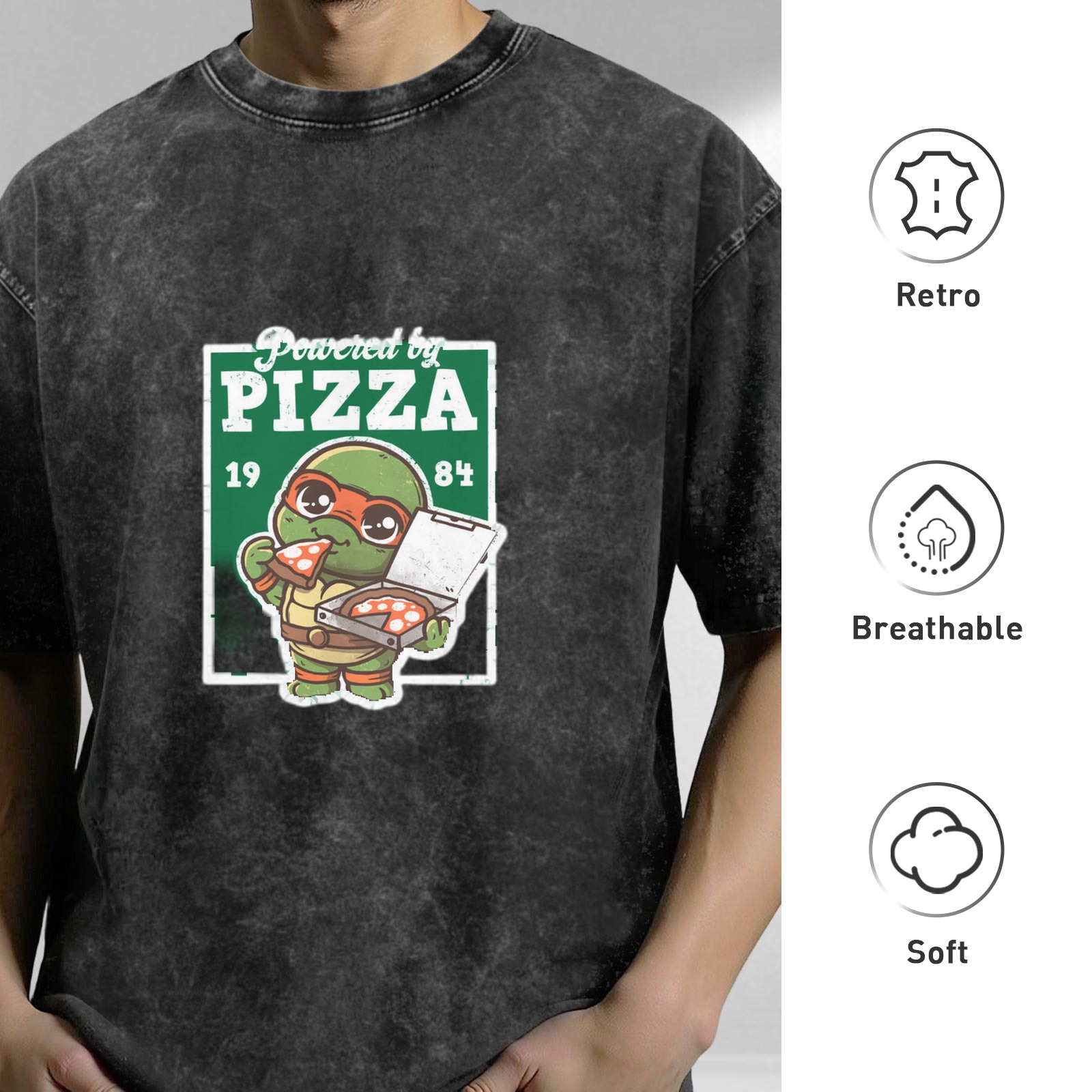 Powered by Pizza Teenage Mutant Ninja Turtle Graphic Acid Wash T-Shirt