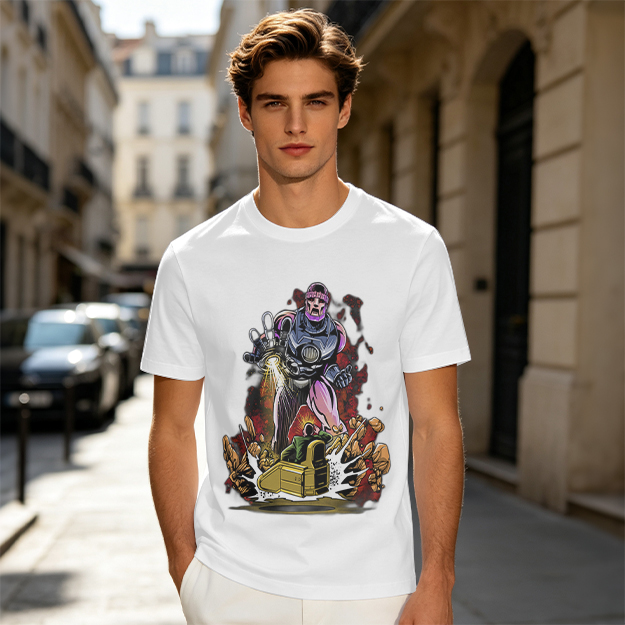Olive T-shirt with Robot Villain and Tank Action Graphic