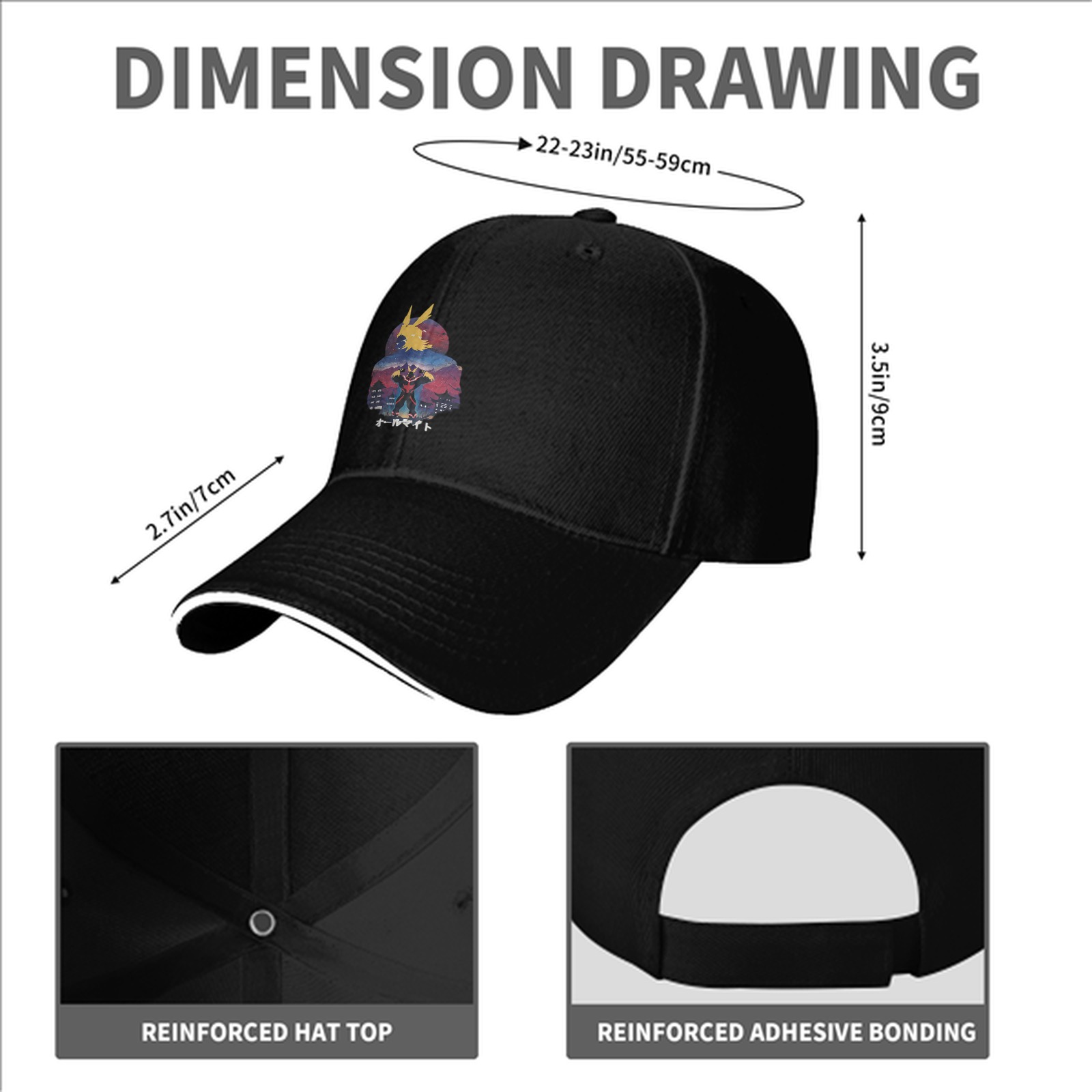 Black baseball cap with anime hero graphic print