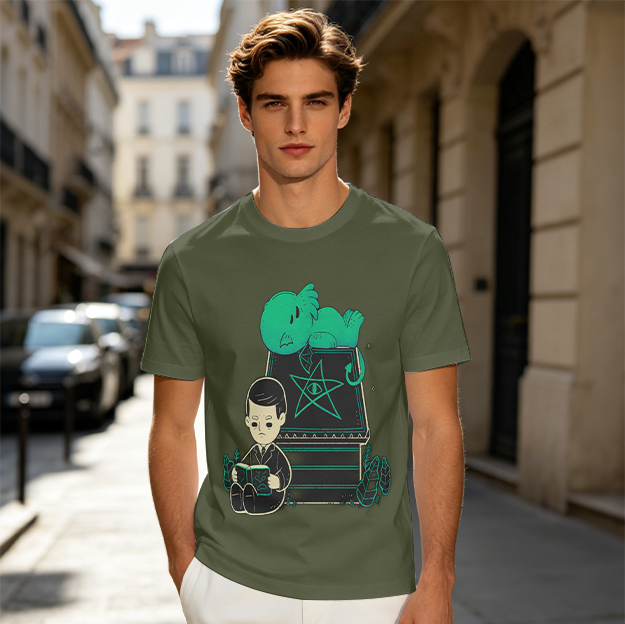 Olive T-Shirt With Occult Cartoon Print Of Boy Reading And Green Creature
