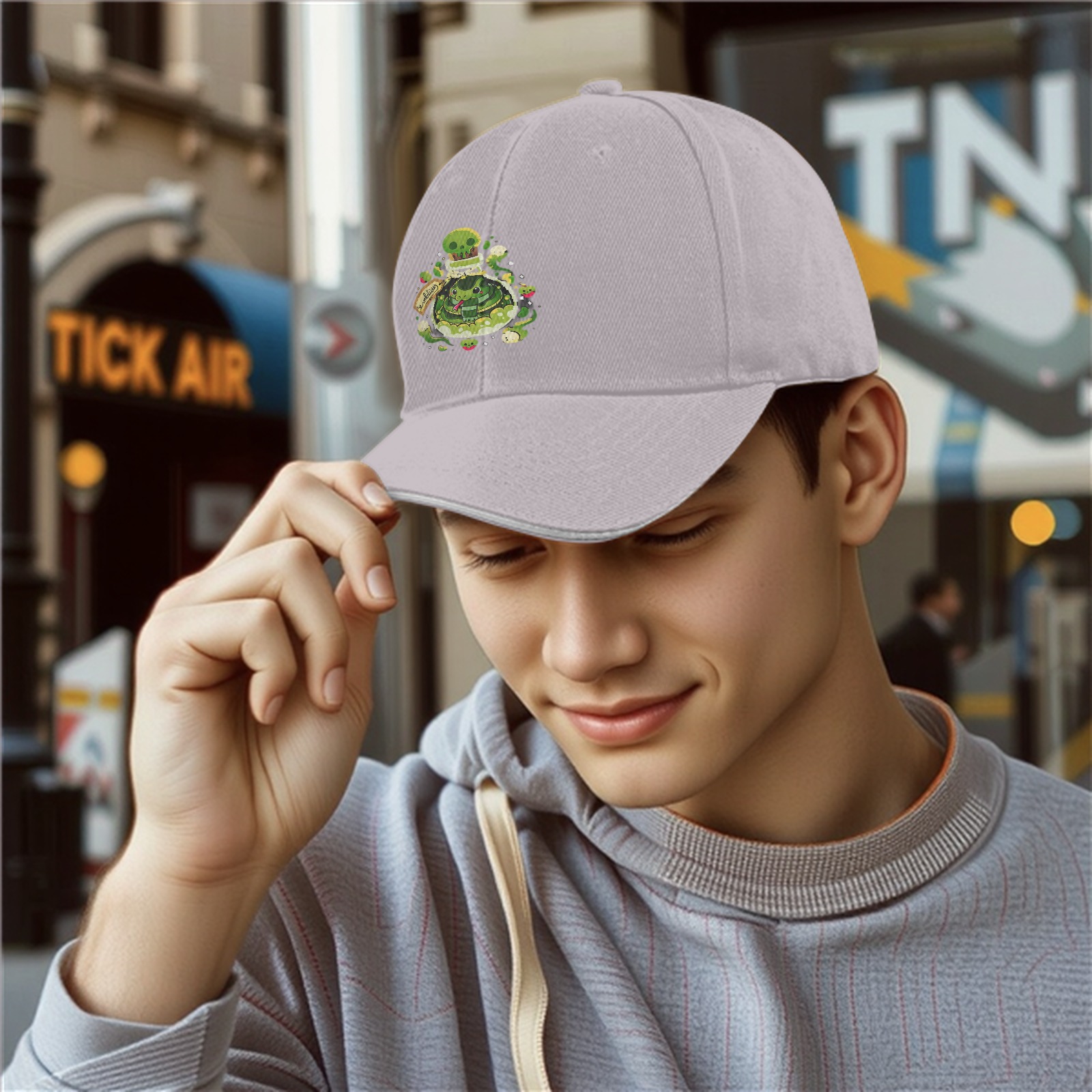 Black baseball cap with green snake potion bottle graphic