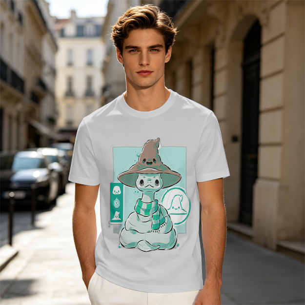 Olive T-Shirt With Cute Wizard Snake Graphic Design