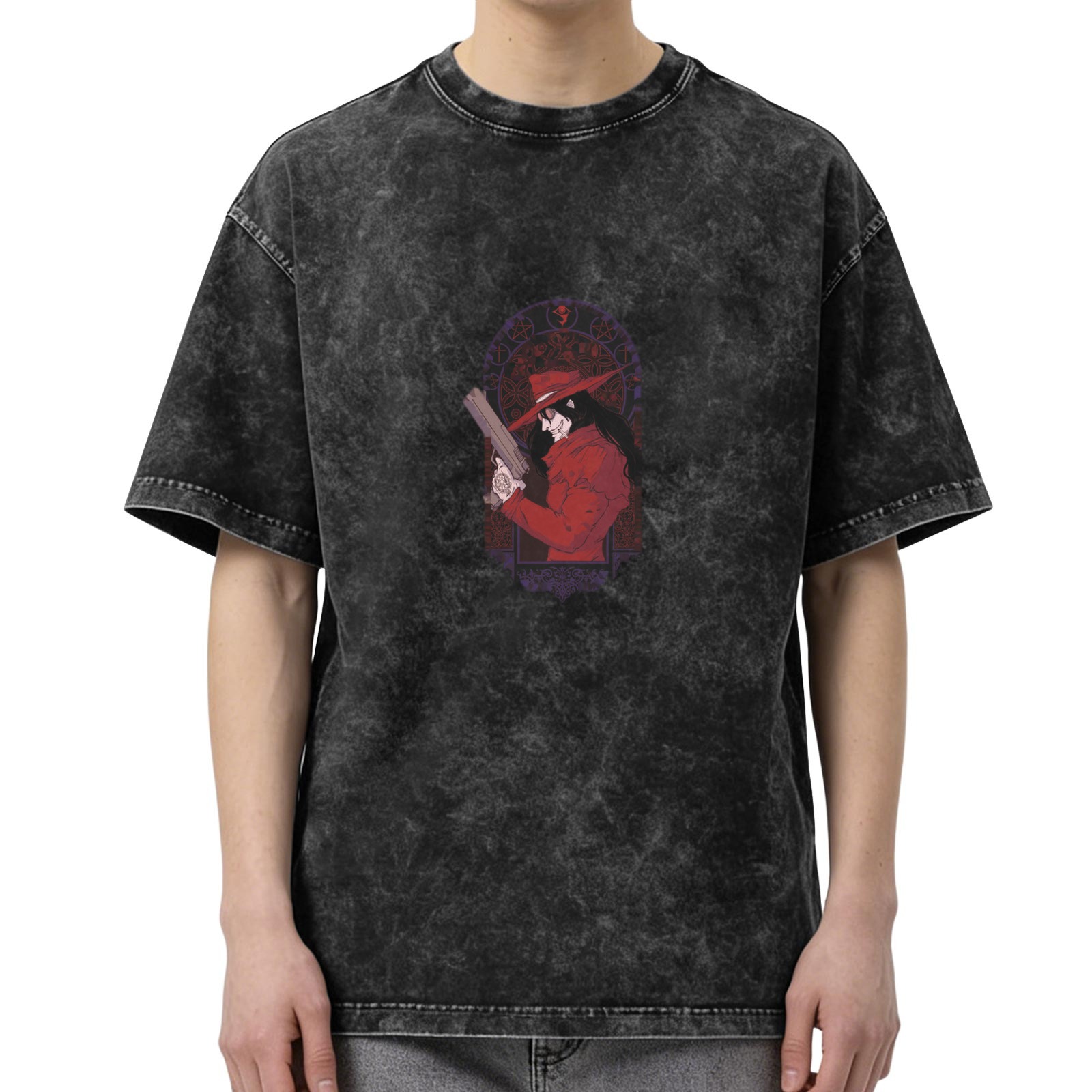 Distressed washed black loose short-sleeved T-shirt anime character print (Hellsing Accardo theme)