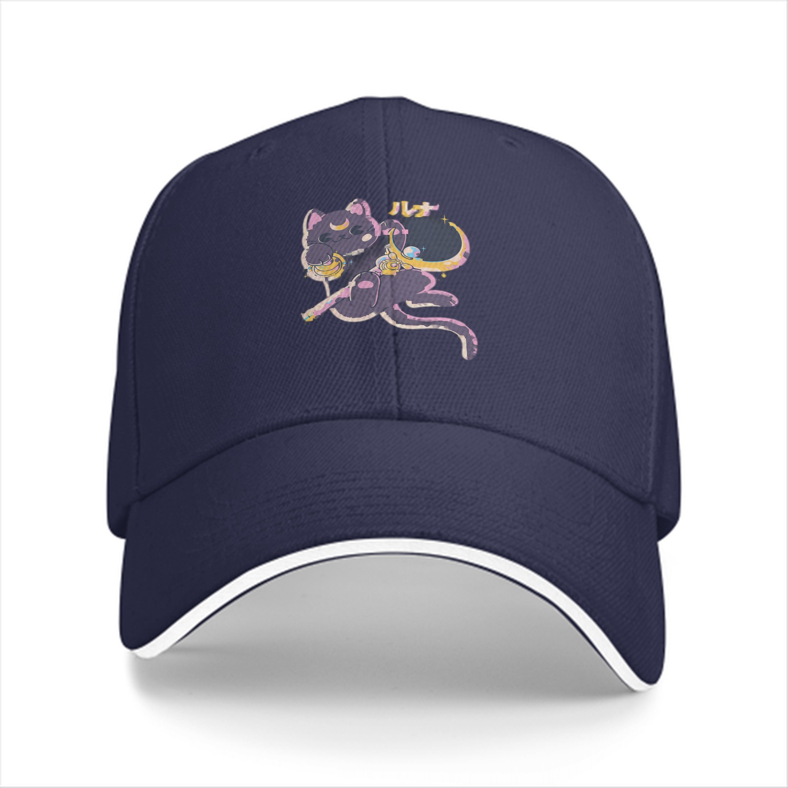 Black baseball cap with cute dark cat moon graphic