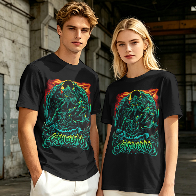 Olive Green T-Shirt With Dark Fantasy Monster Graphic Print