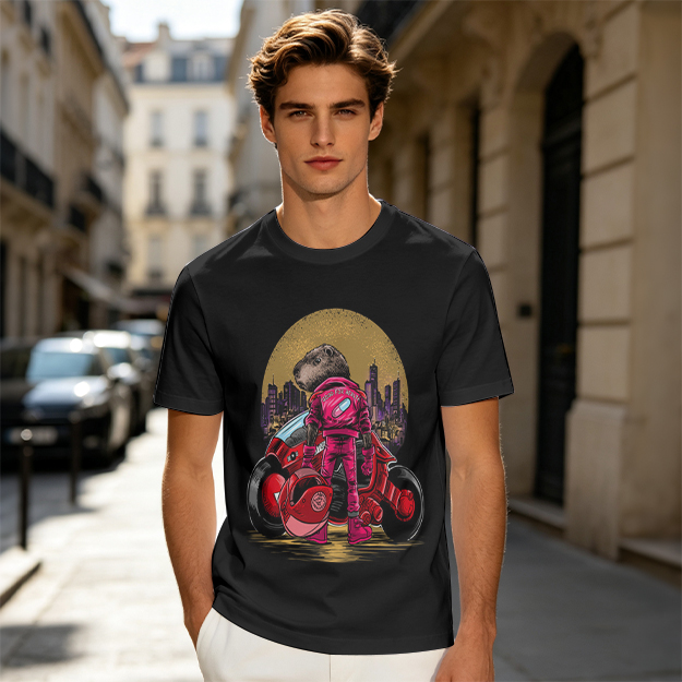 Olive T-Shirt With Capybara Biker And Futuristic City Print