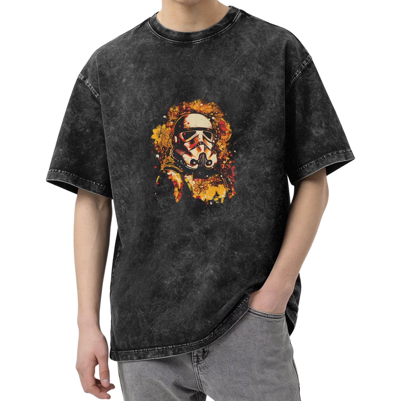 Washed Black T-Shirt with Floral Stormtrooper Graphic