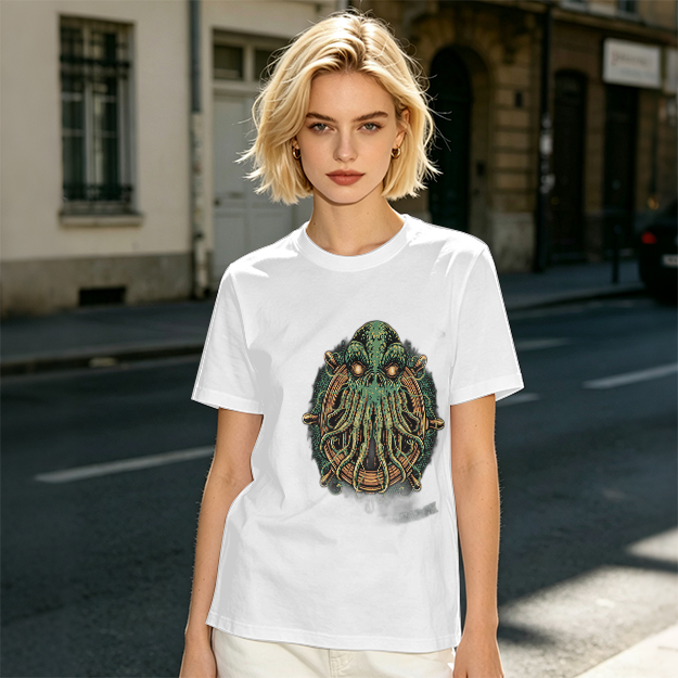 Olive Green T-Shirt With Cthulhu Ship Wheel Graphic