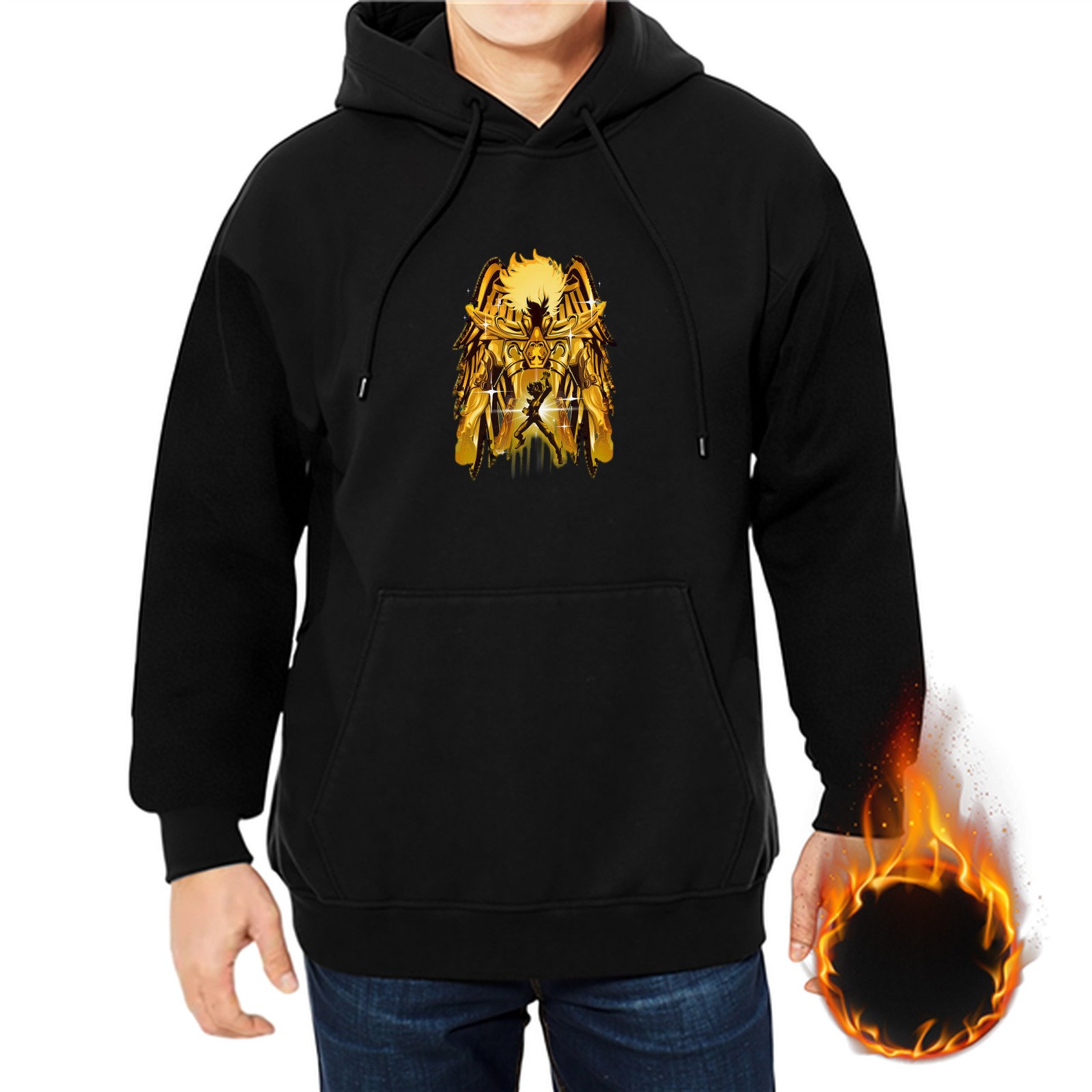 Black Hoodie With Golden Anime Warrior Art Print