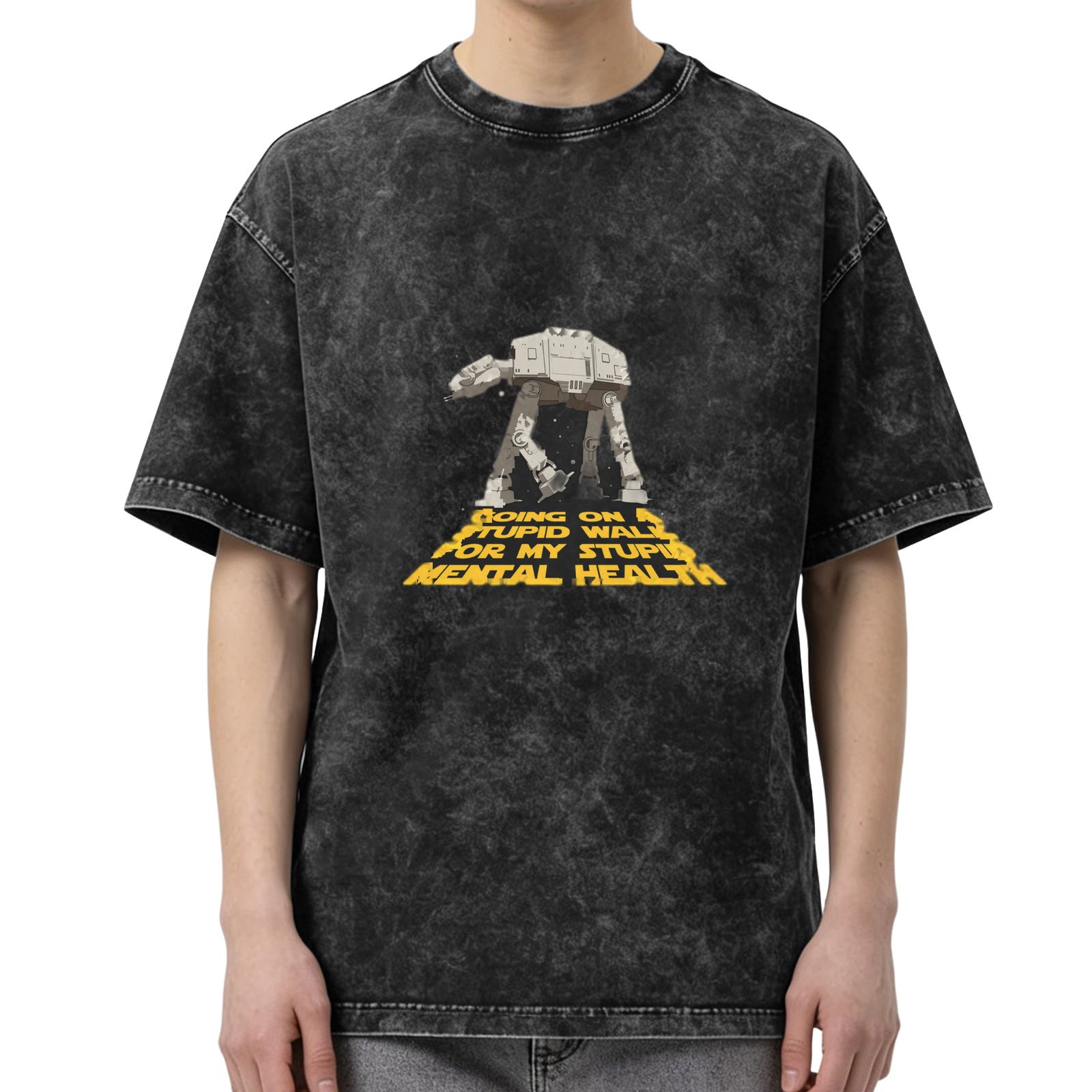 Old washed black Star Wars AT-AT walker fun text printed short-sleeved T-shirt