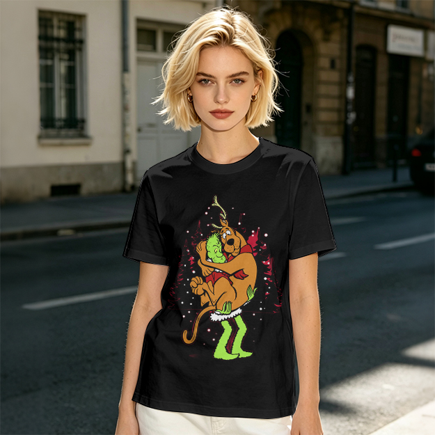 Olive Christmas T-Shirt Featuring Scooby-Doo Hugging The Grinch