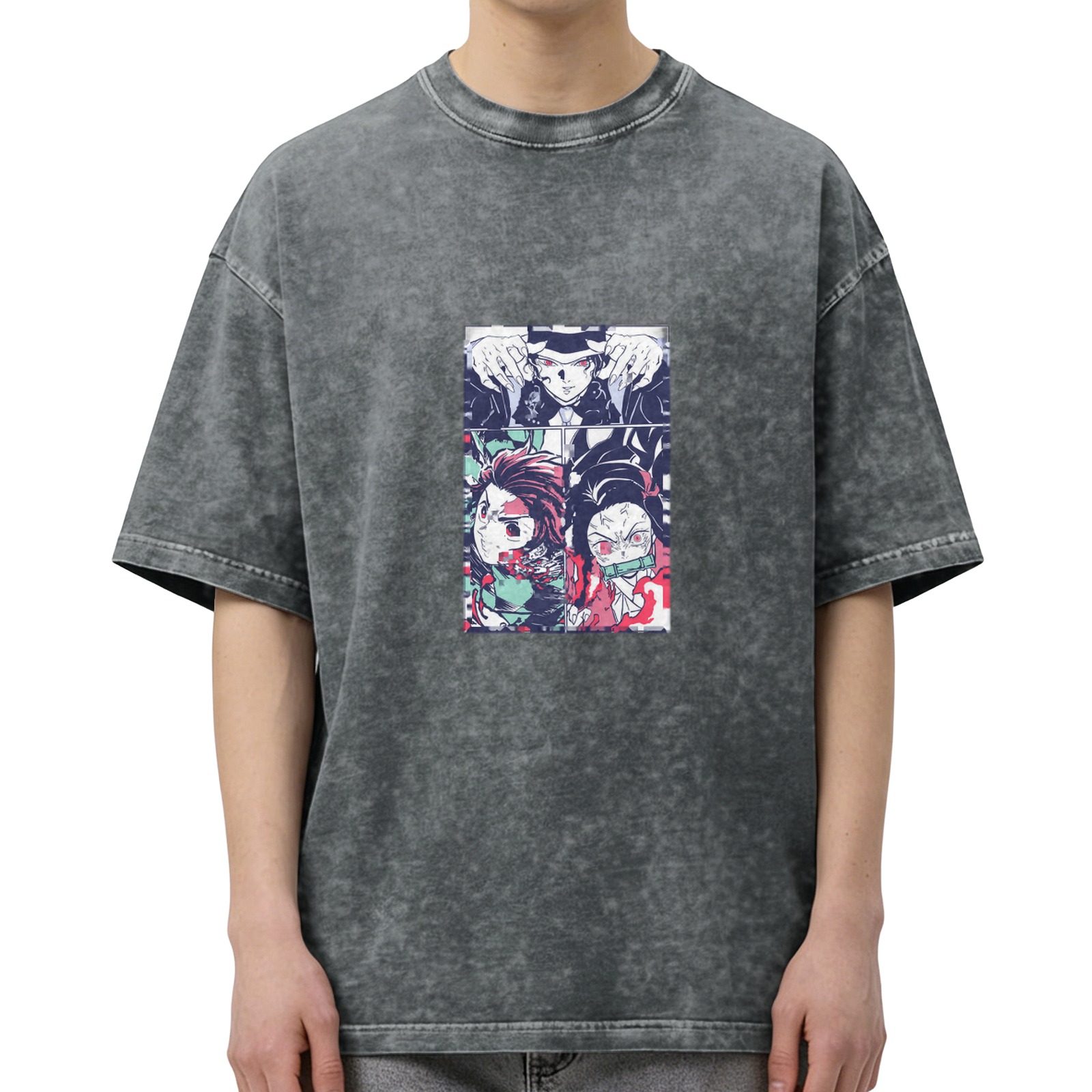 Demon Slayer themed distressed washed black short-sleeved T-shirt