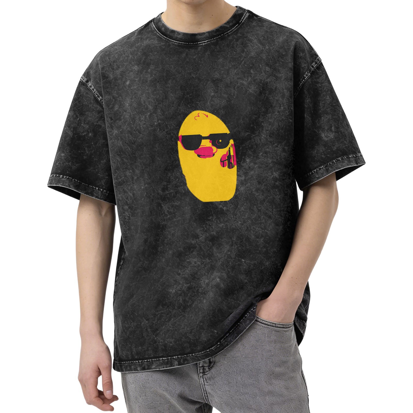 Washed Black T-Shirt With Cool Sunglass Duck Graphic