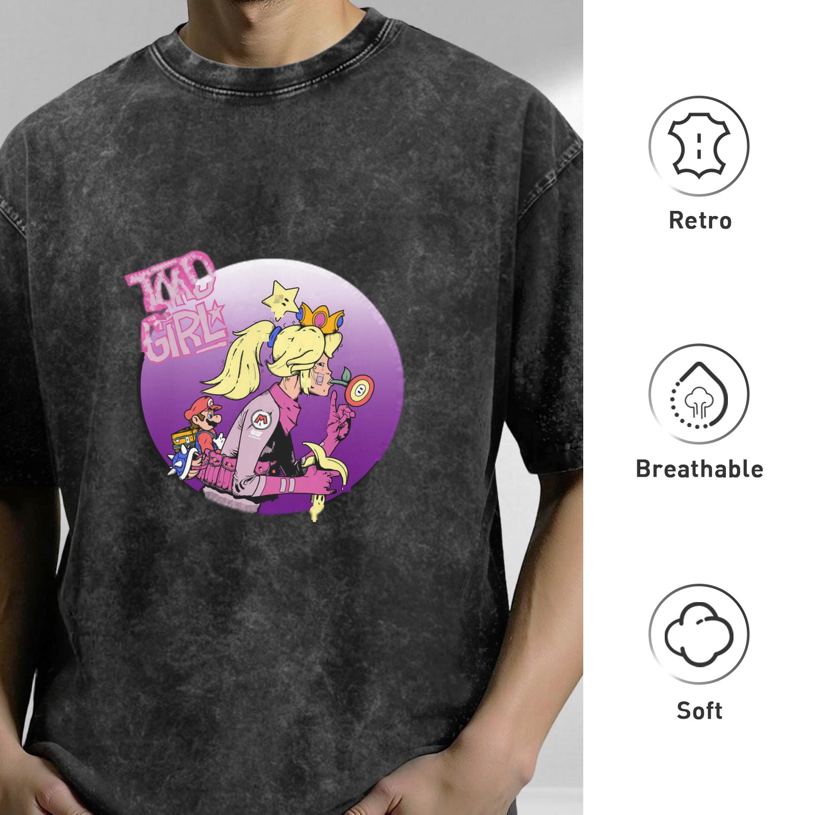 acid wash t-shirt with mario kart princess peach graphic