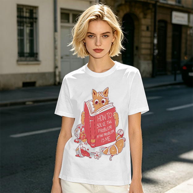 Olive T-Shirt With Ginger Cat Reading Self-Help Book Print