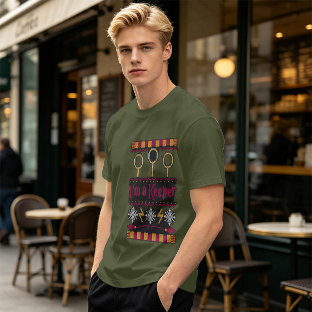 Olive Green T-Shirt With I'm A Keeper Quidditch Graphic