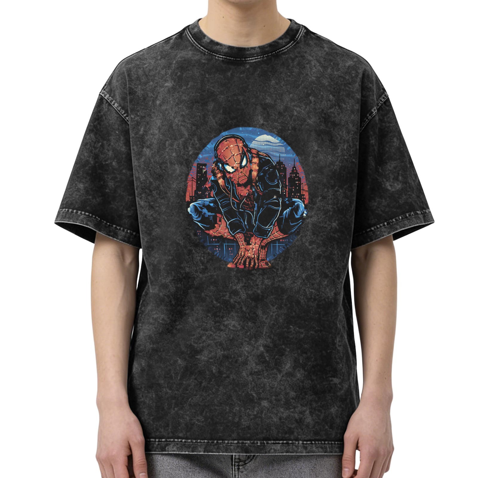 Oversized Acid Wash T-Shirt with Spider-Man Cityscape Graphic