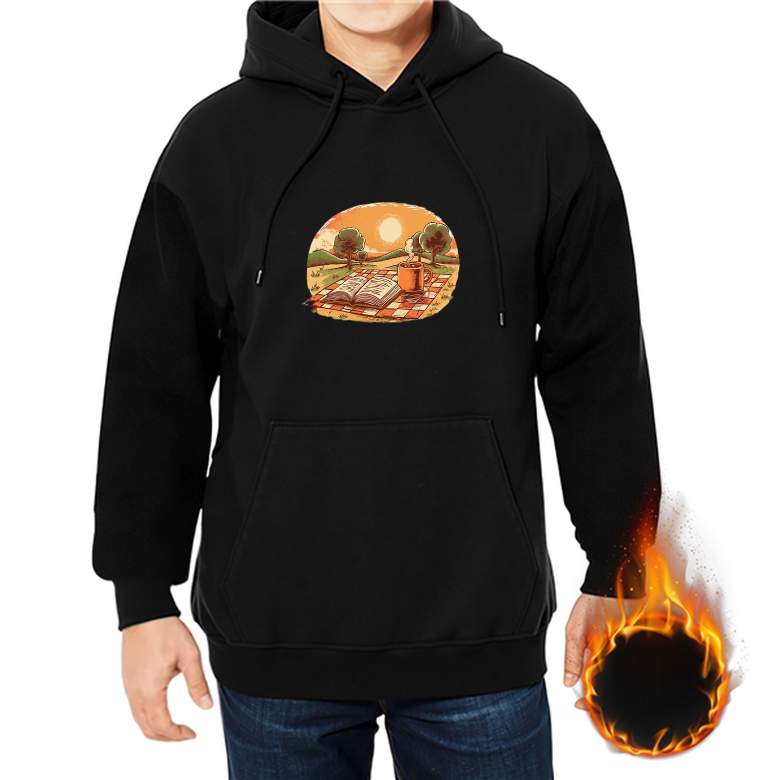 Black hoodie with sunset picnic and open book graphic