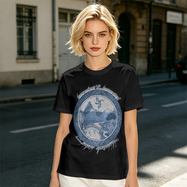 Olive T-Shirt With Fantasy Mountain Landscape Dragon Print