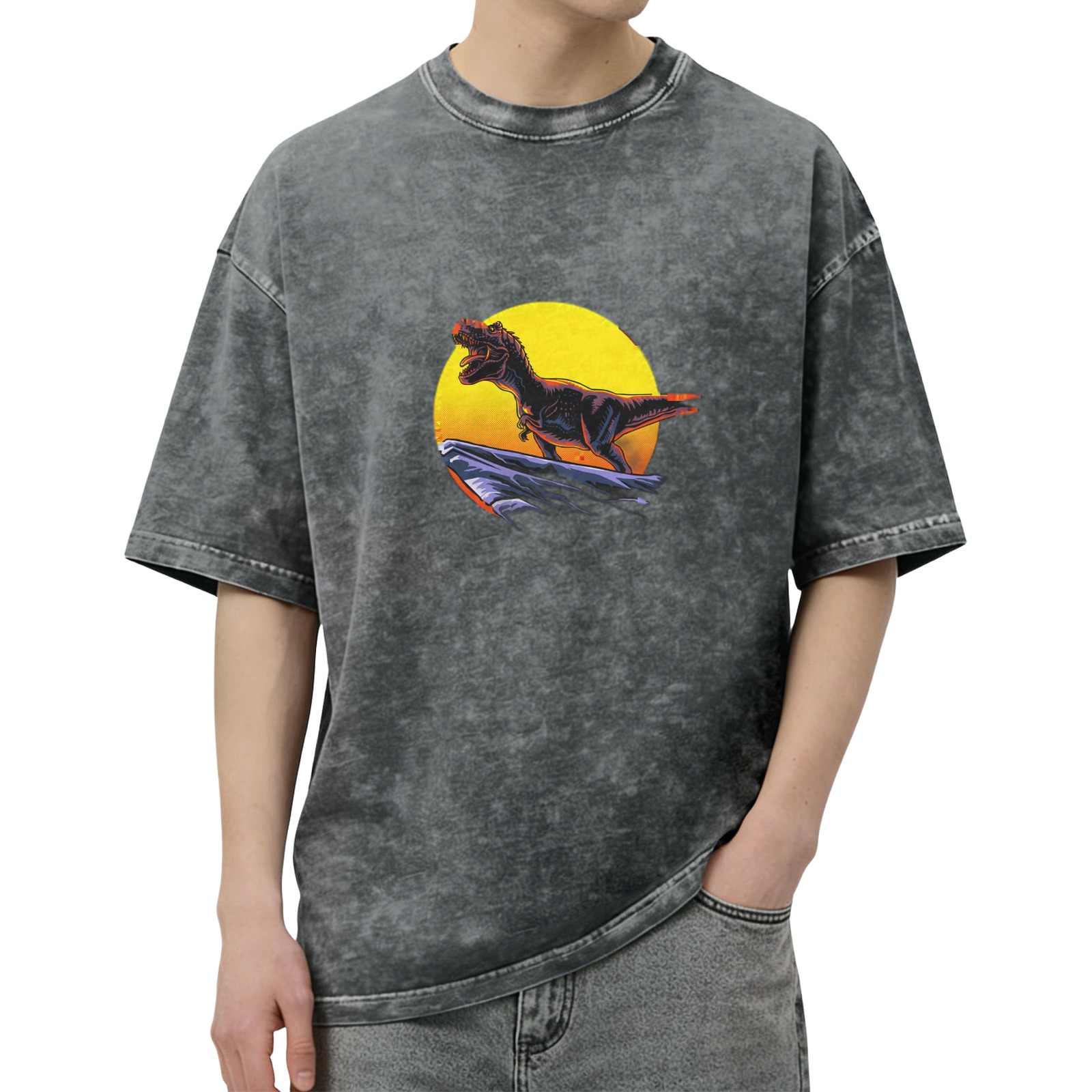 Oversized Acid Wash T-Shirt with T-Rex Sunset Graphic