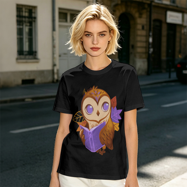 Owl Reading Book Autumn Leaves Graphic Tee