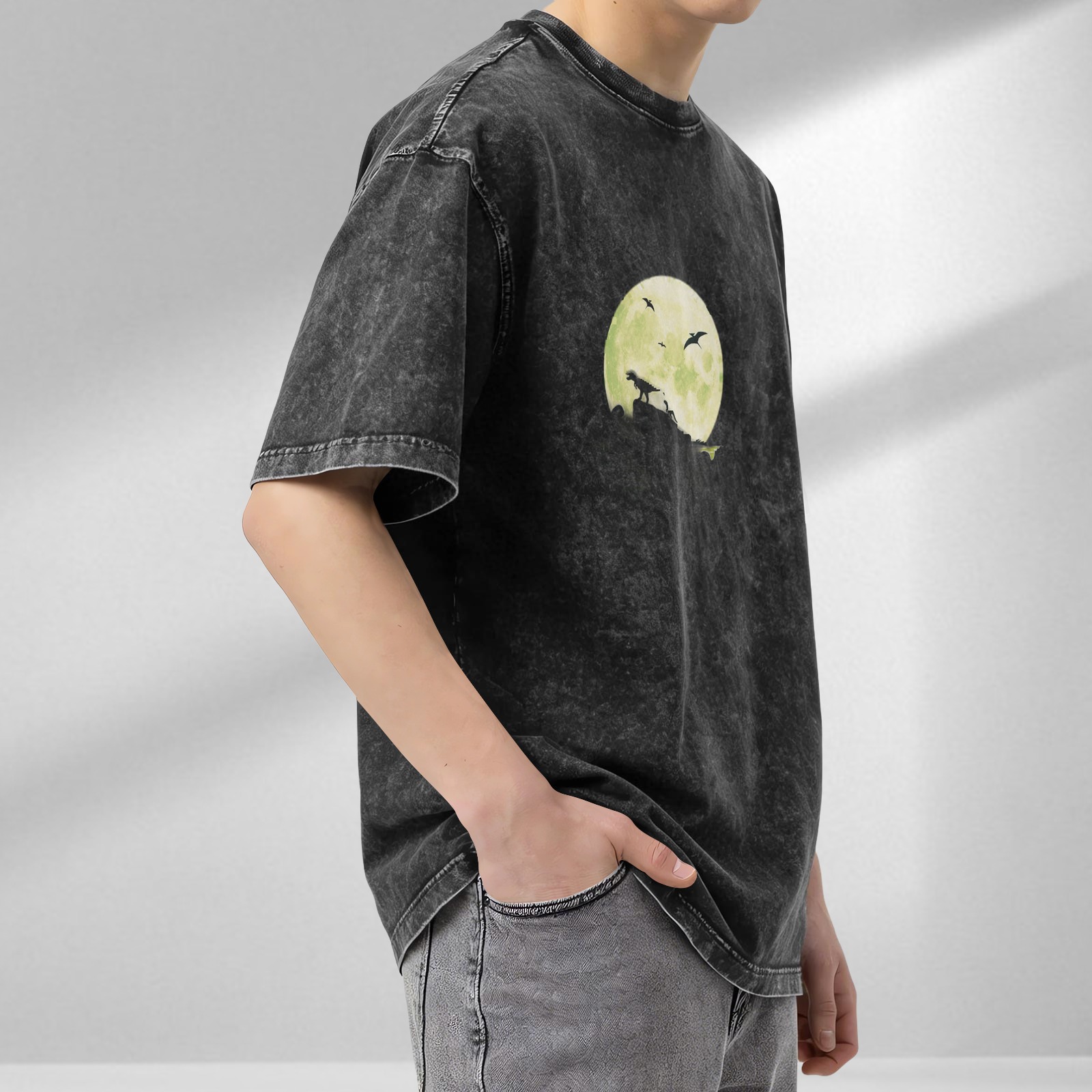 Vintage Acid Wash T-Shirt with Dinosaur Moon Silhouette Graphic