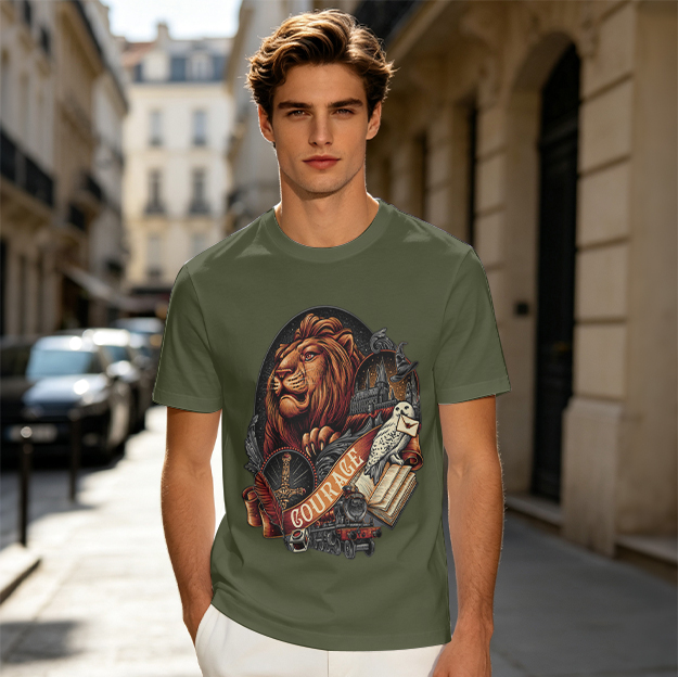 Olive T-Shirt With Lion Courage Themed Fantasy Art Print