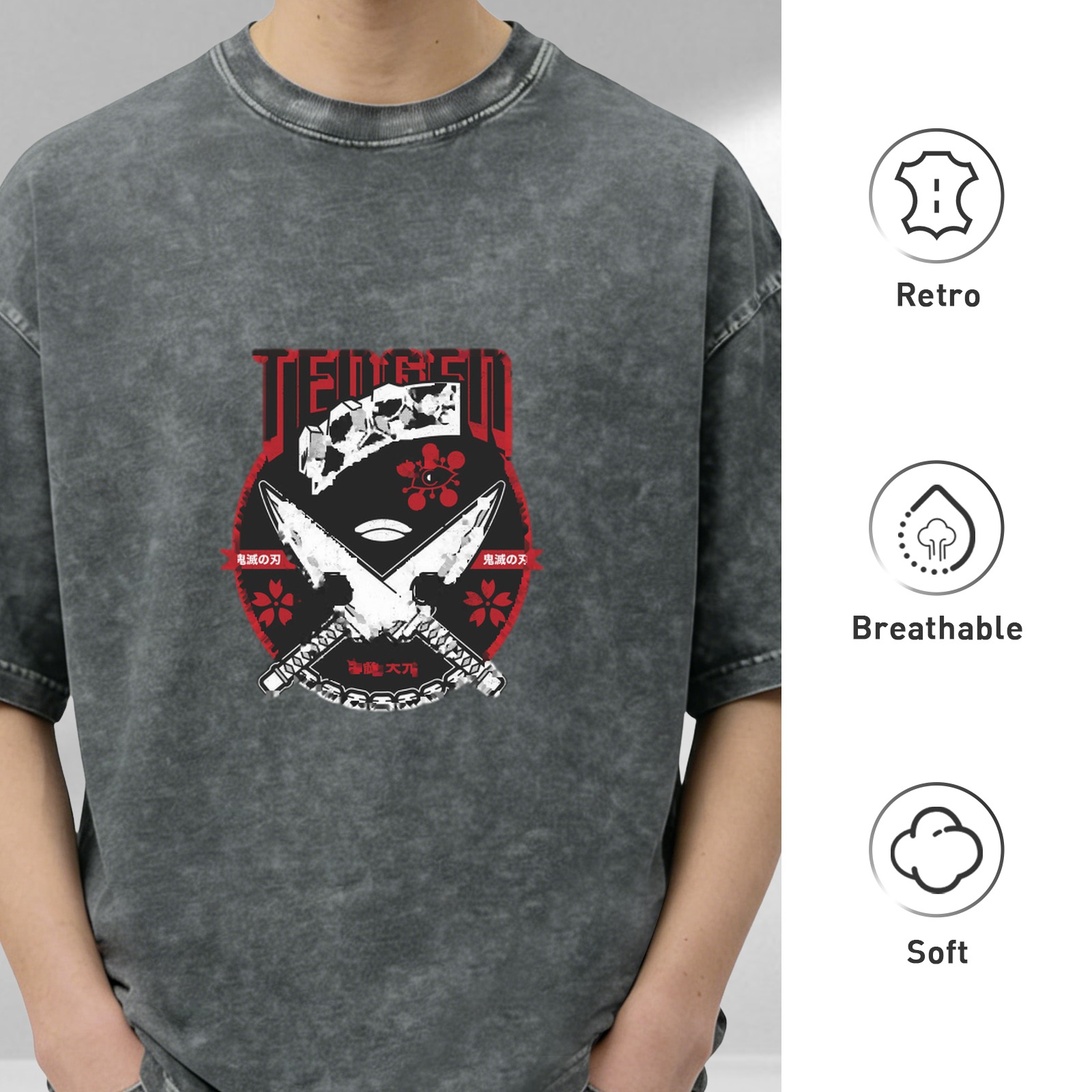Oversized Acid Wash Anime Graphic T-Shirt
