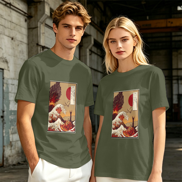 Olive T-Shirt with Ukiyo-e Style Wave and Volcano Print
