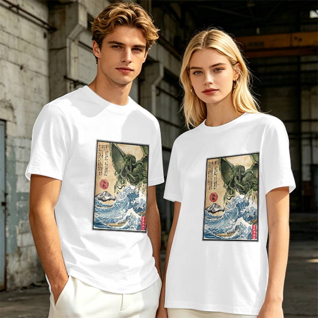 Olive T-shirt with Japanese ukiyo-e style Cthulhu wave print