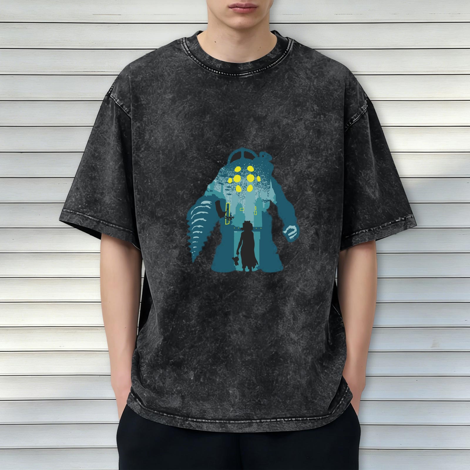 Washed Black Oversized T-Shirt with Underwater Monster and Girl Graphic
