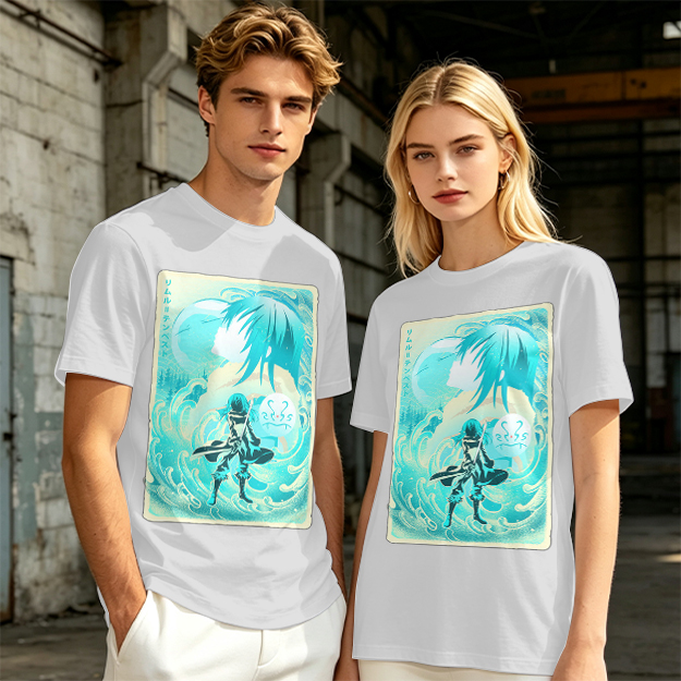 Anime character water design graphic dark green t-shirt