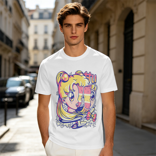 Olive T-Shirt With Glitch Anime Girl Graphic Print
