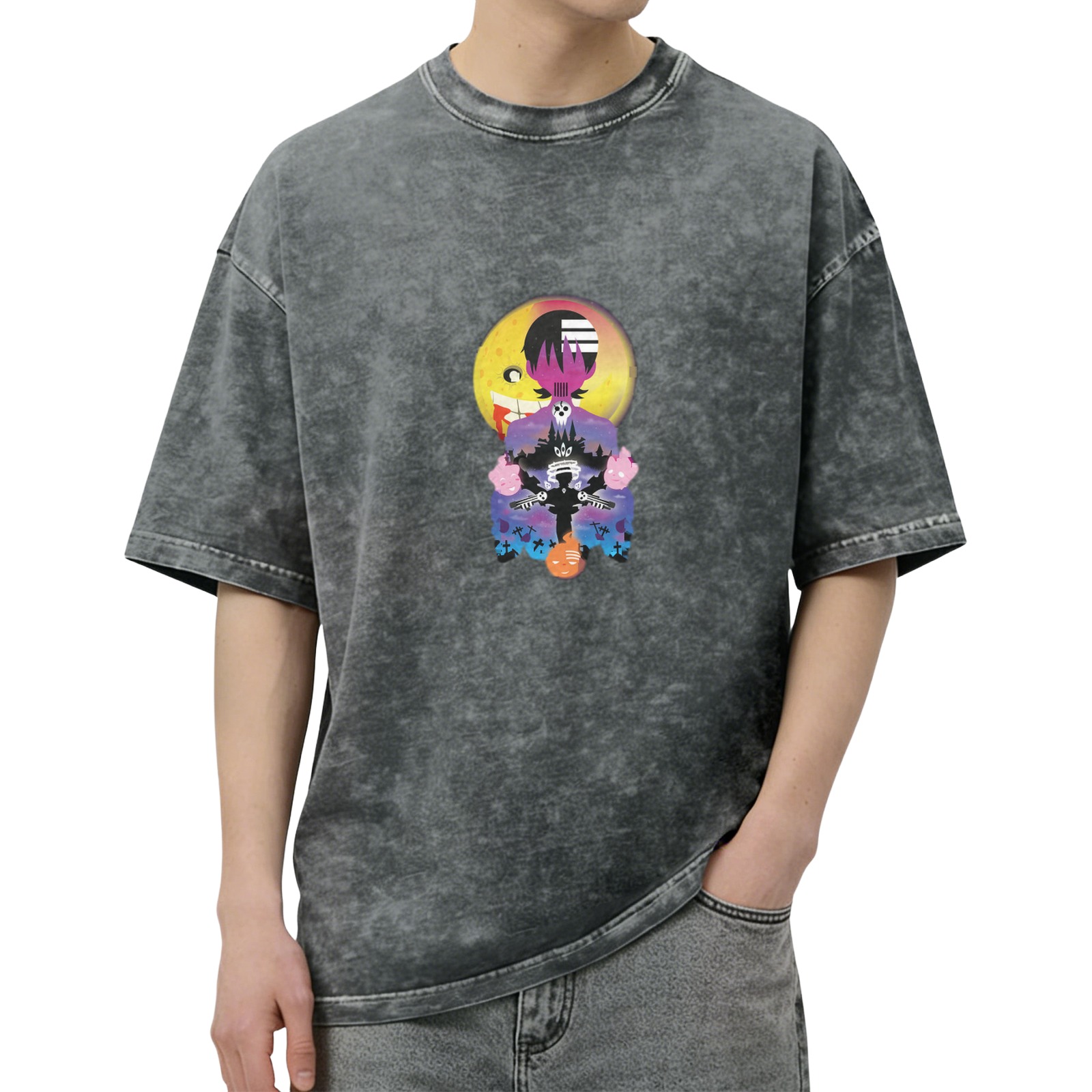 Oversized Acid Wash T-Shirt with Anime Graphic Print