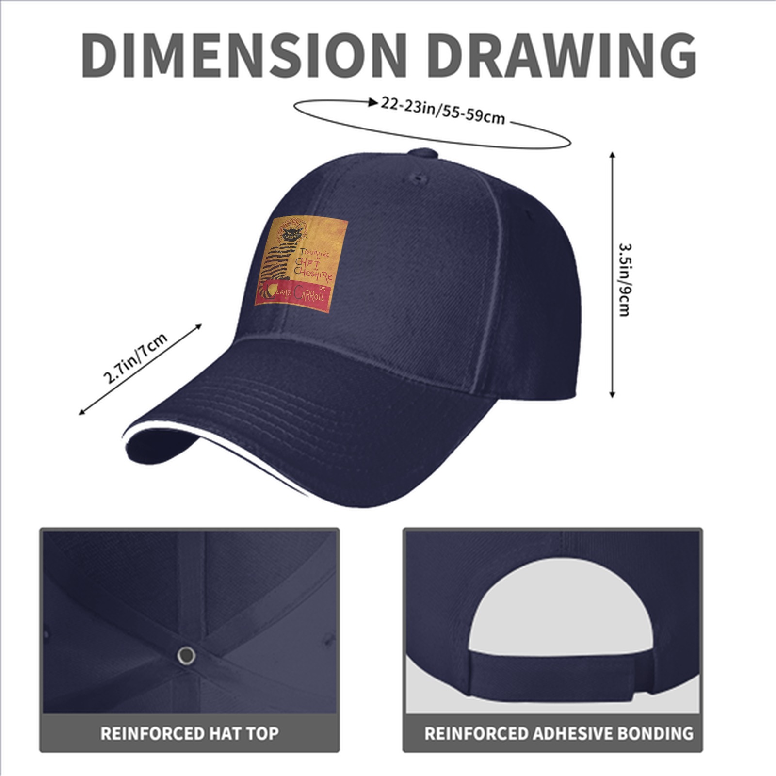 Black Baseball Cap with Cheshire Cat Lewis Carroll Print
