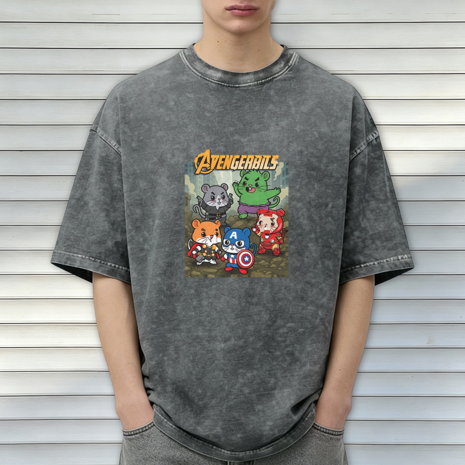 Avengerbils Hamster Superhero Graphic Acid Wash T-Shirt