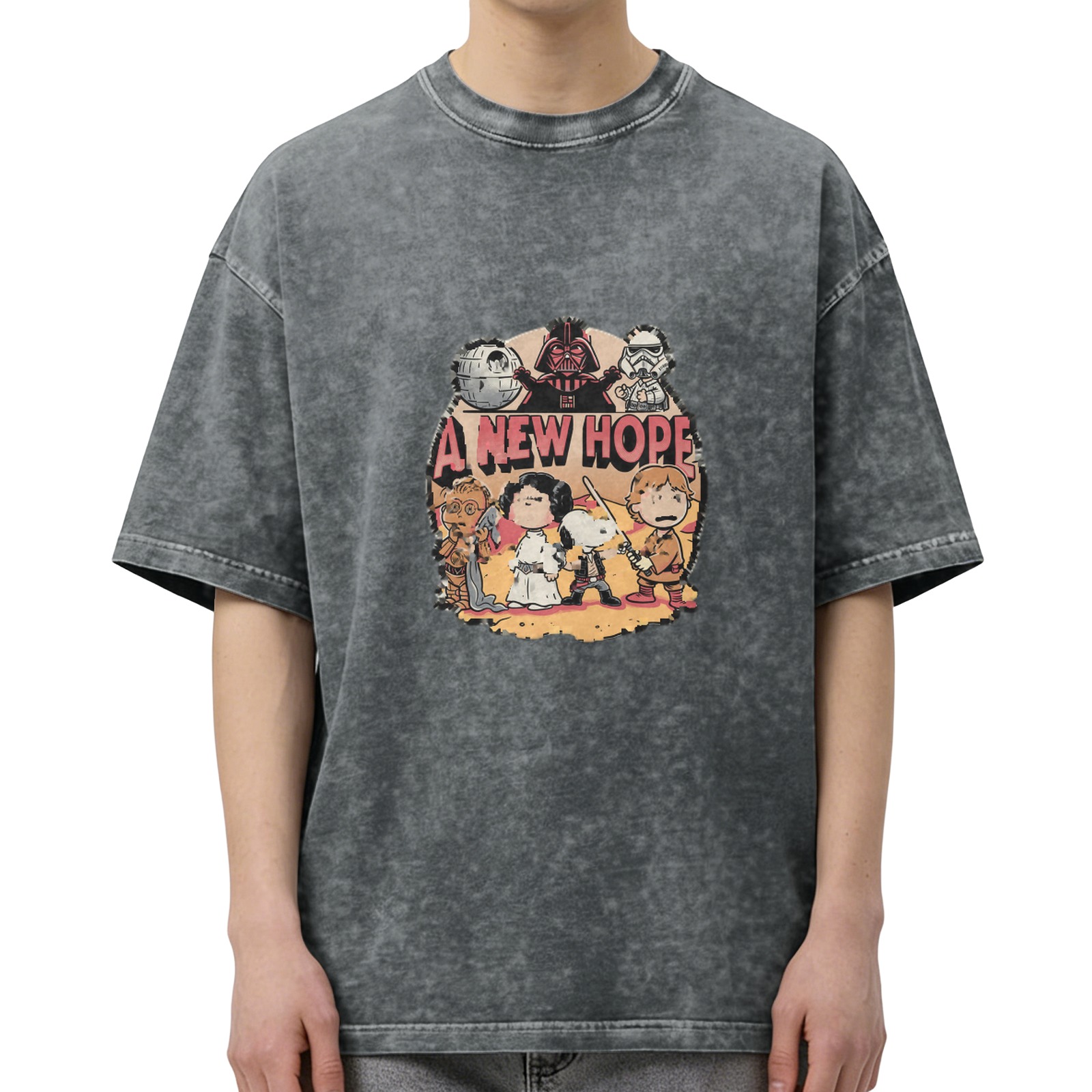 Washed Black T-Shirt with Peanuts x Star Wars A New Hope Graphic